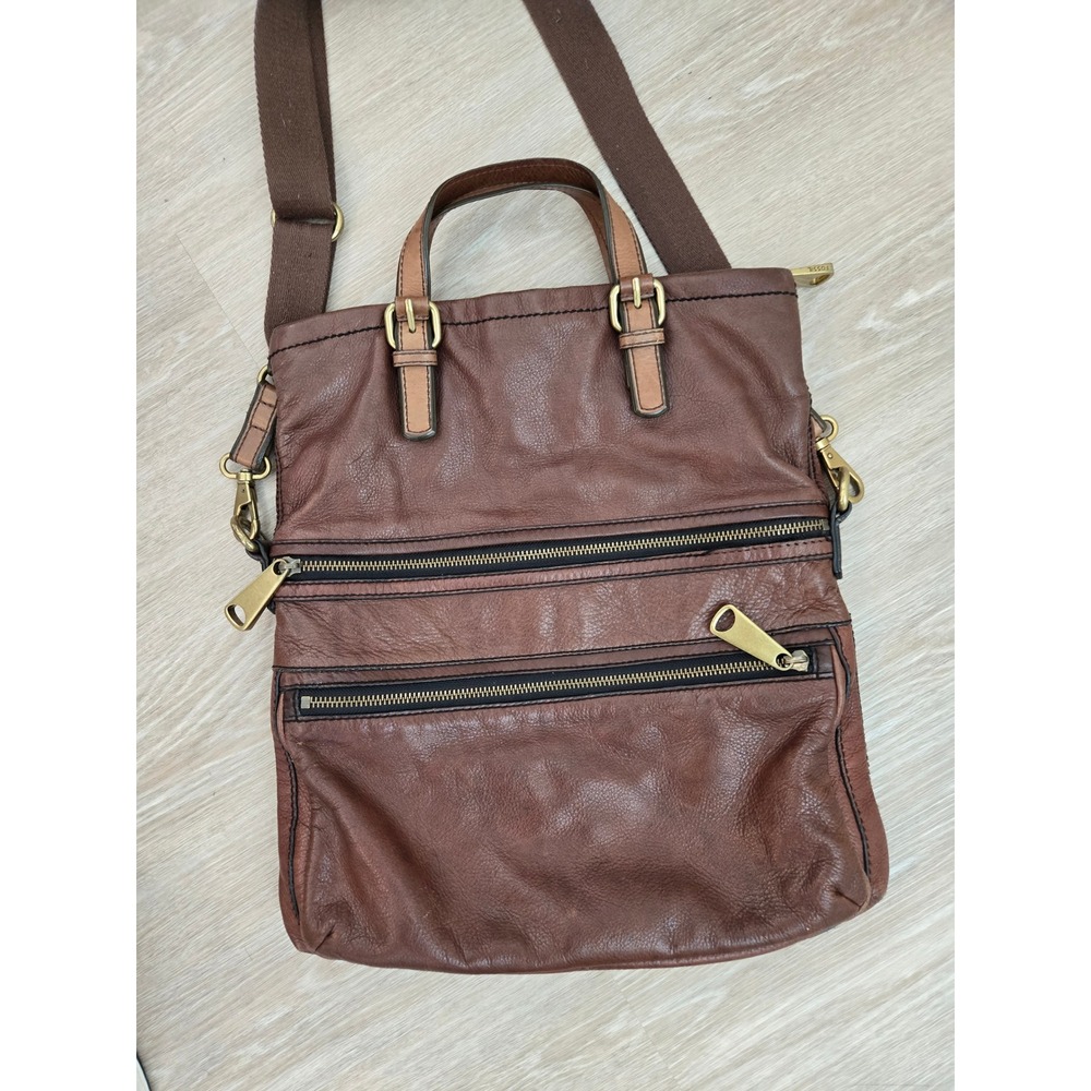 Fossil Explorer Leather Foldover Brown Crossbody Bag Messenger Satchel - Picture 5 of 13
